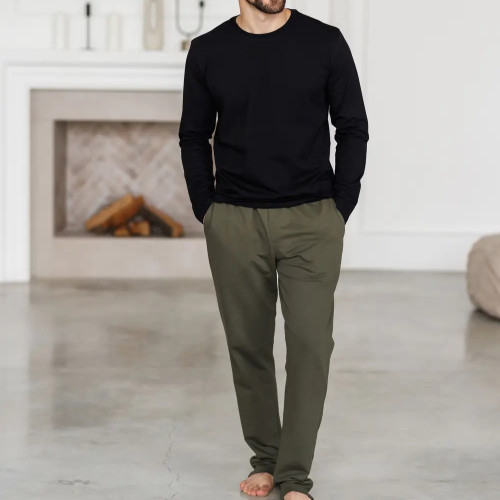 Піжама чоловіча Х (лонгслів чорний + штани прямі хакі) "Basic" black/khaki