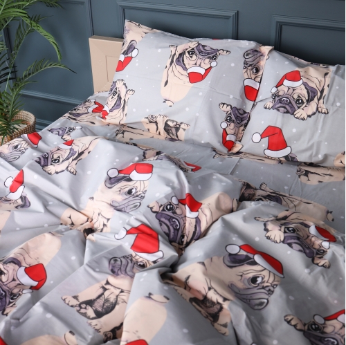 Постільна білизна Бязь 17-0599 New Year's pug Grey