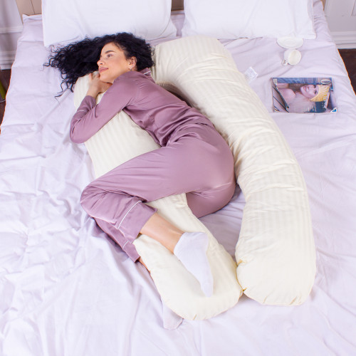 Подушка для беременных и отдыха U-образная № 8025 Satin Stripe "Soft Yellow" EcoSilk страйп-сатин