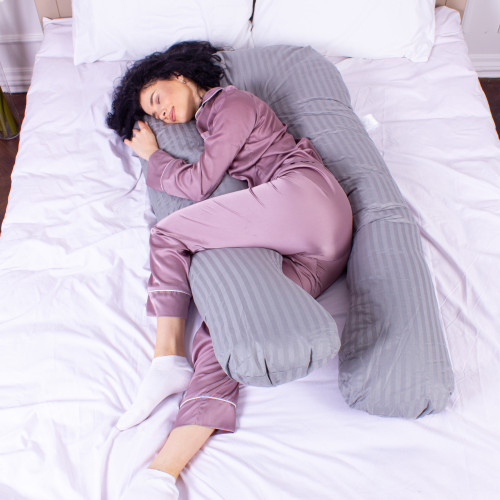 Подушка для беременных и отдыха U-образная № 8027 Satin Stripe "Light Gray" EcoSilk страйп-сатин