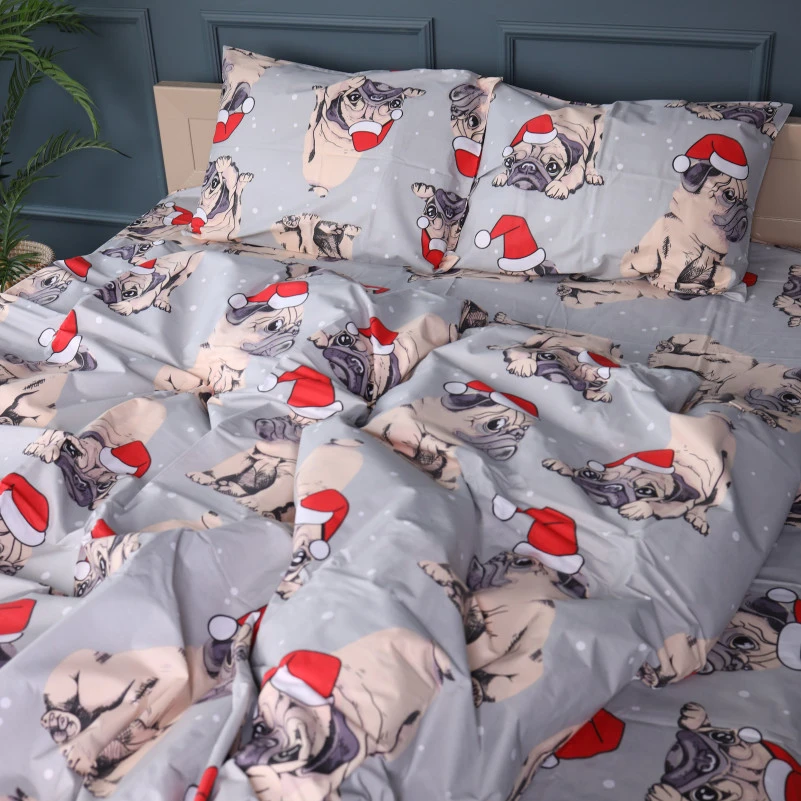 Постільна білизна Бязь 17-0599 New Year's pug Grey