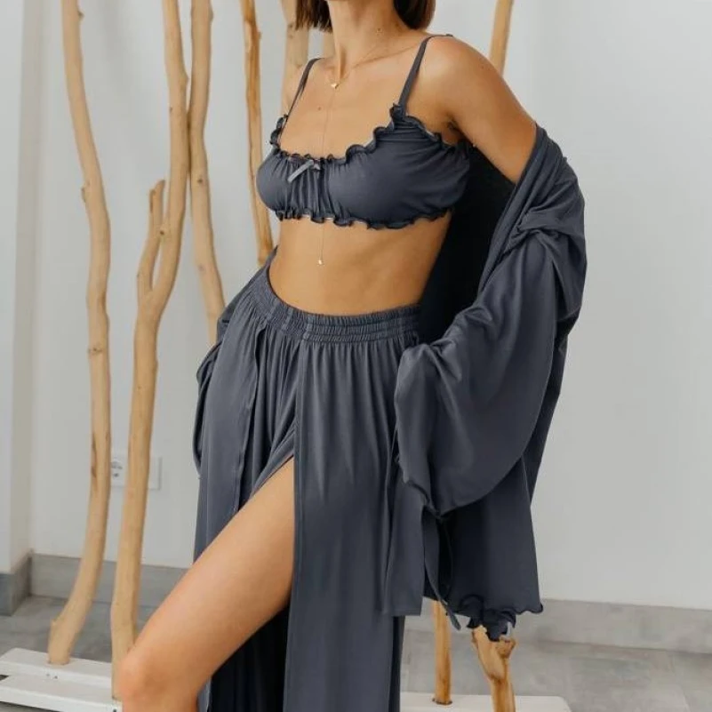 Женский домашний костюм (халат+топ+штаны) "Giulia" gray - 2