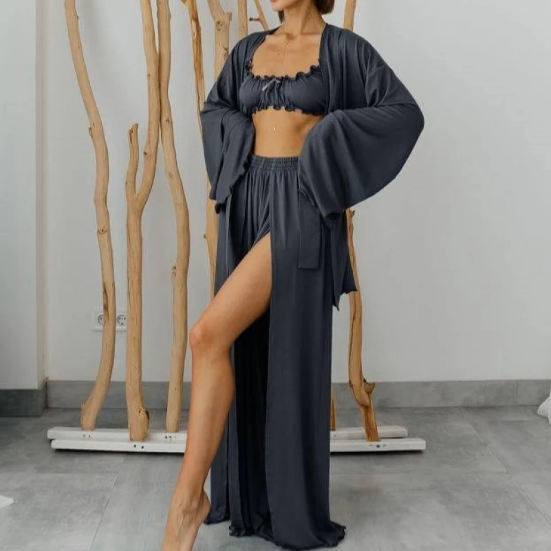 Женский домашний костюм (халат+топ+штаны) "Giulia" gray - 1