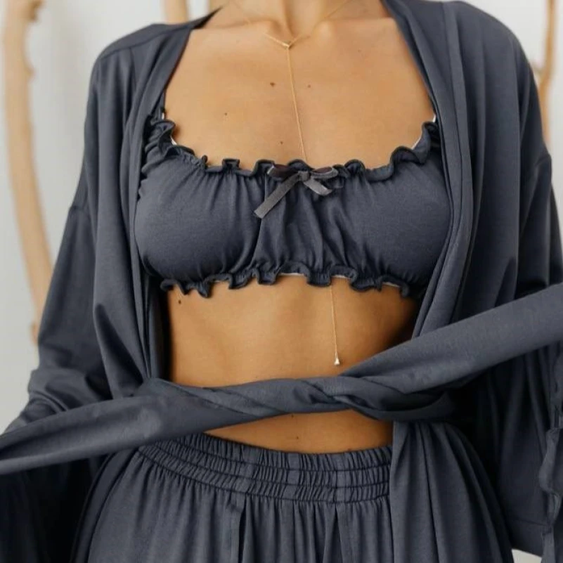 Женский домашний костюм (халат+топ+штаны) "Giulia" gray - 3