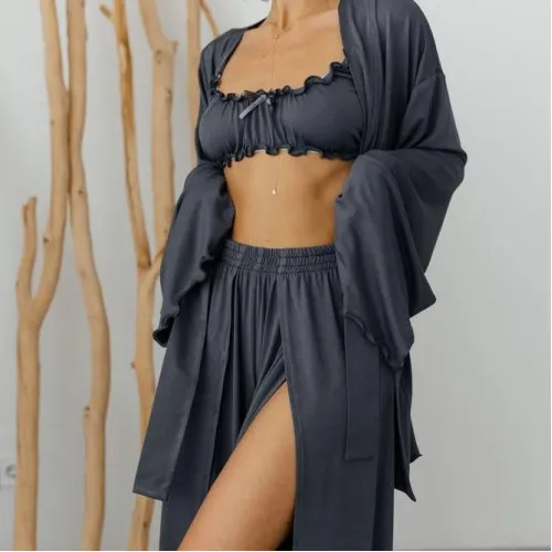 Жіночий домашній костюм (халат+топ+штани) "Giulia" gray