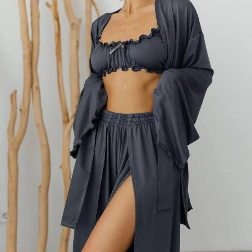 Женский домашний костюм (халат+топ+штаны) "Giulia" gray