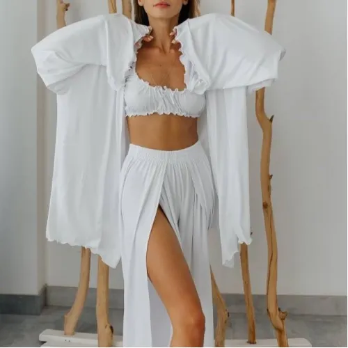 Жіночий домашній костюм (халат+топ+штани)"Giulia" white - 4