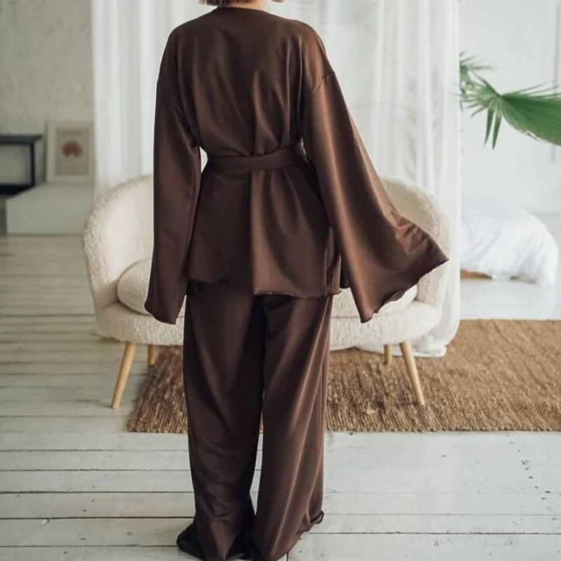 Женский домашний костюм (халат+топ+штаны) "Ivy" brown - 4