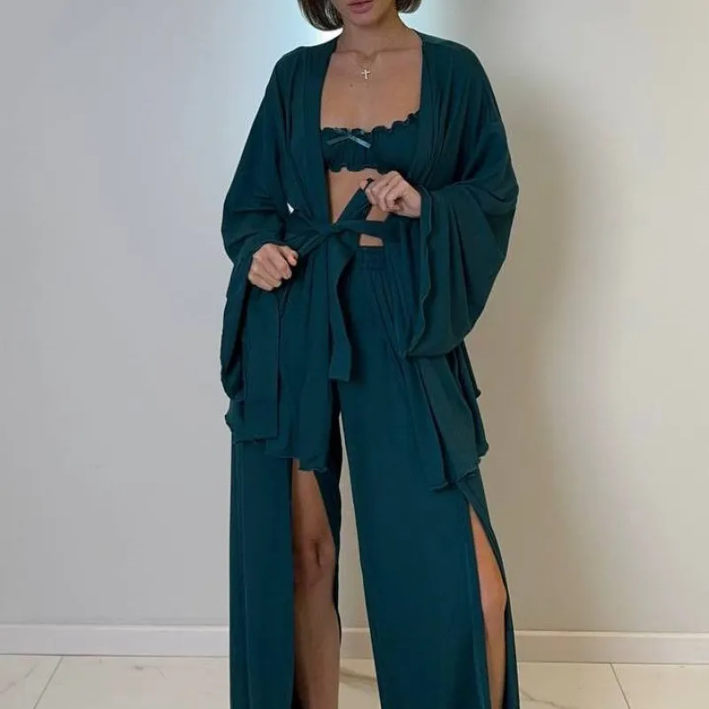 Жіночий домашній костюм (халат+топ+штани) "Ivy" emerald