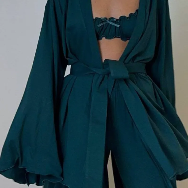 Жіночий домашній костюм (халат+топ+штани) "Ivy" emerald - 1