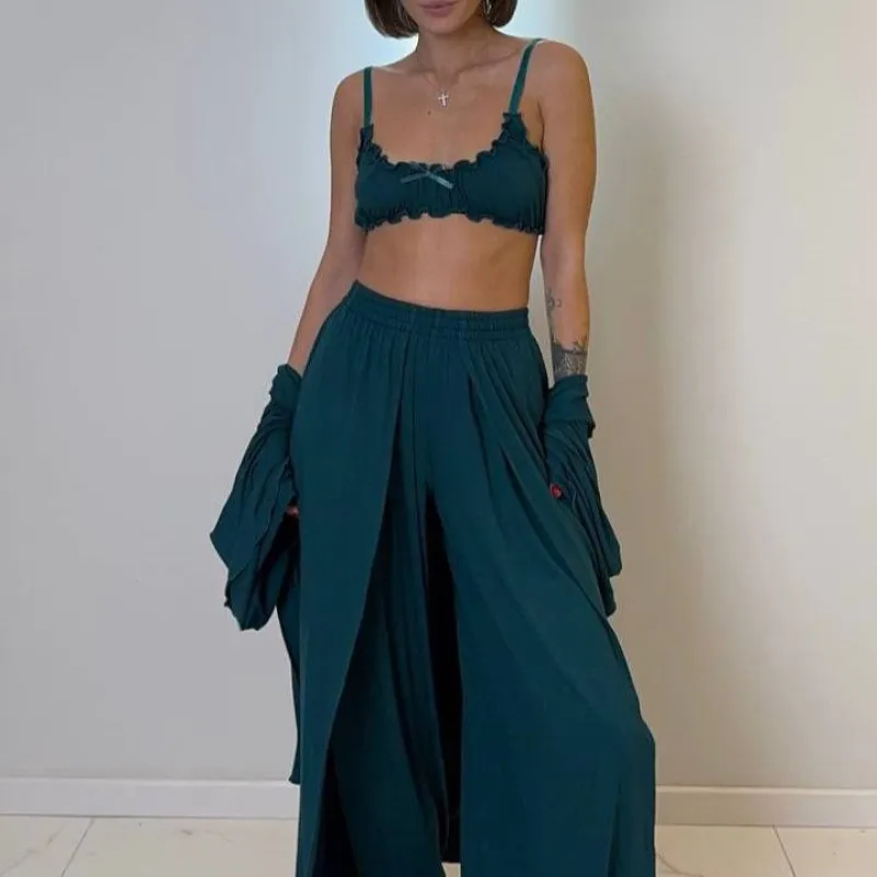 Жіночий домашній костюм (халат+топ+штани) "Ivy" emerald - 2