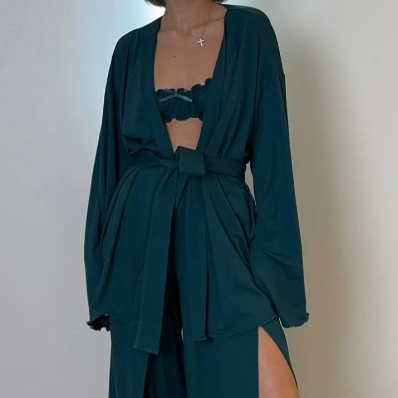 Жіночий домашній костюм (халат+топ+штани) "Ivy" emerald - 3