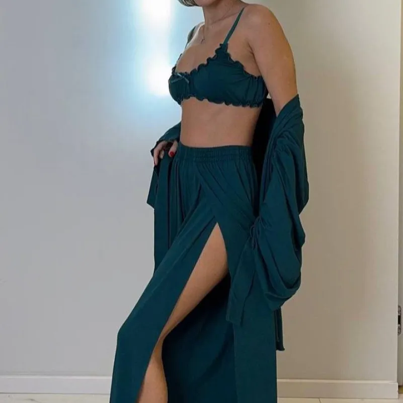 Жіночий домашній костюм (халат+топ+штани) "Ivy" emerald - 4