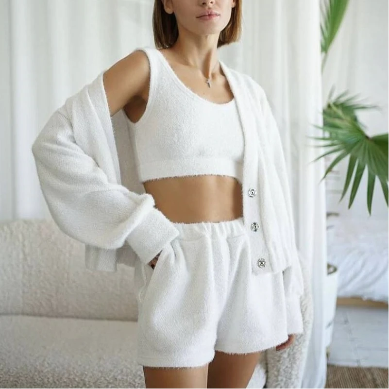 Женский костюм-тройка (кардиган+топ+шорты) трикотаж ангора "Mia" white - 5