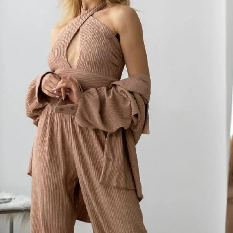  Женский костюм-тройка (рубашка+топ+штаны) "Olivia" beige - 4