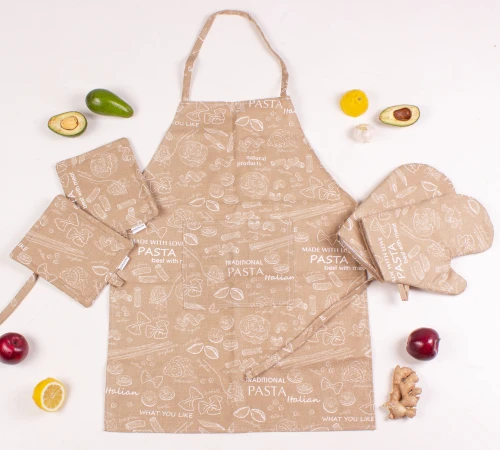 Набір №202 - Brown paste (прихватки 2 шт., рукавиці 2 шт., фартух 1 шт.) Рогожа/Напівпанама