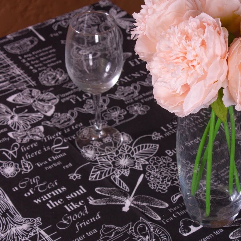 Скатерть Рогожа №216 - Black flowers - 1