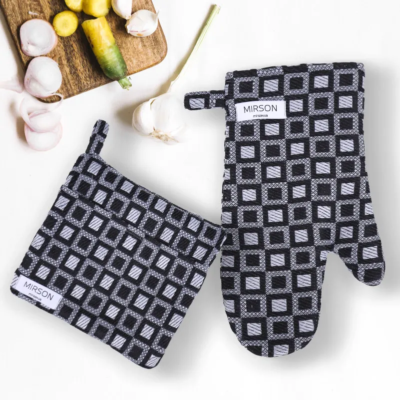 Набір №9002 Gray (прихватки 1 шт., рукавиці 1 шт., фартух 1 шт.) гобелен/вафля - 1