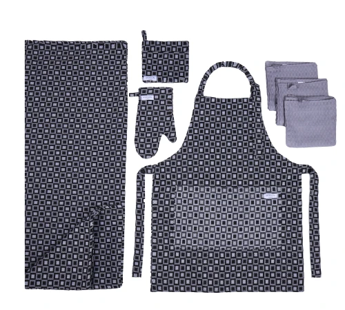 Набір №9006 Gray (прихватка.1 шт., рукавиця.1 шт., фартух 1 шт., скатертина 1 шт., набір рушників. 3шт) гобелен/вафля