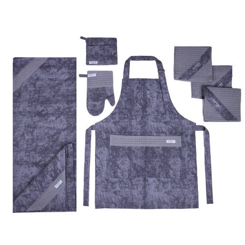Набор №8007 Gray (прихватка.1 шт., перчатка.1 шт., фартук 1 шт., скатерть 1 шт., набор полотенец. 3шт) Дак/Вафля