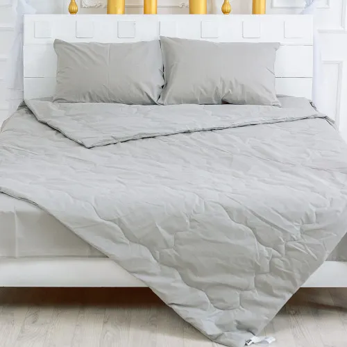 Літній постільний комплект №2596 Евкаліпт 16-5703 Light Gray (ковдра + 2 подушки + 2 наволочки + простирадла)