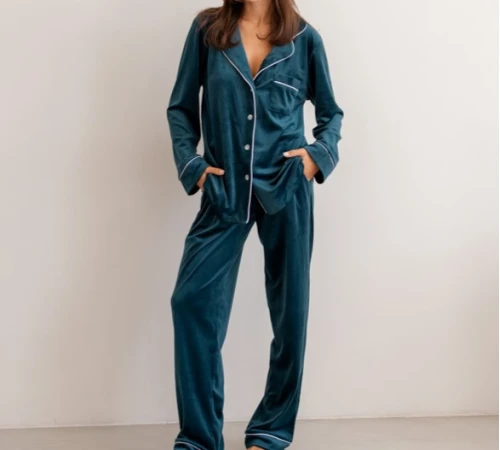 Пижама женская Велюровая "Velor emerald"  на пуговицах