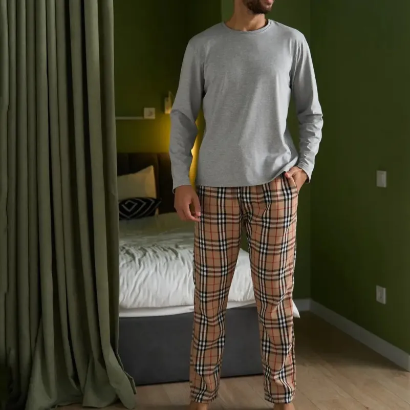  Пижама мужская Х (лонгслив + штаны бежевые клеточку) "Basic Hugo" gray/beige