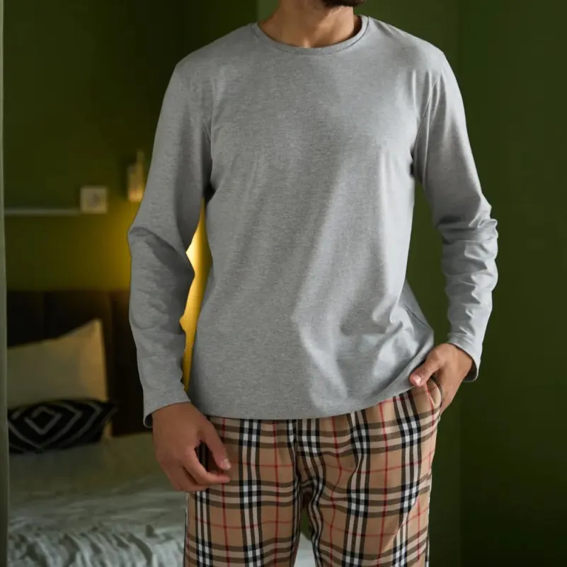  Пижама мужская Х (лонгслив + штаны бежевые клеточку) "Basic Hugo" gray/beige - 1