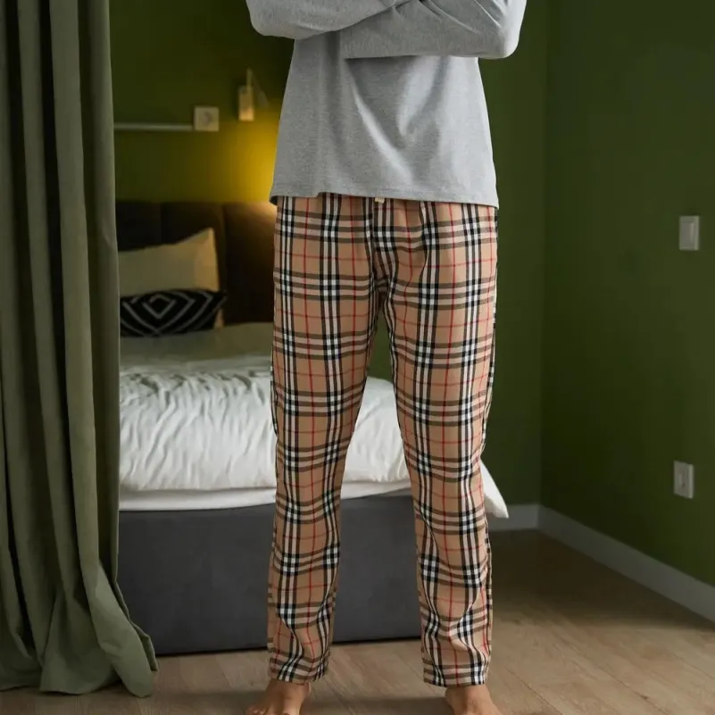  Пижама мужская Х (лонгслив + штаны бежевые клеточку) "Basic Hugo" gray/beige - 2