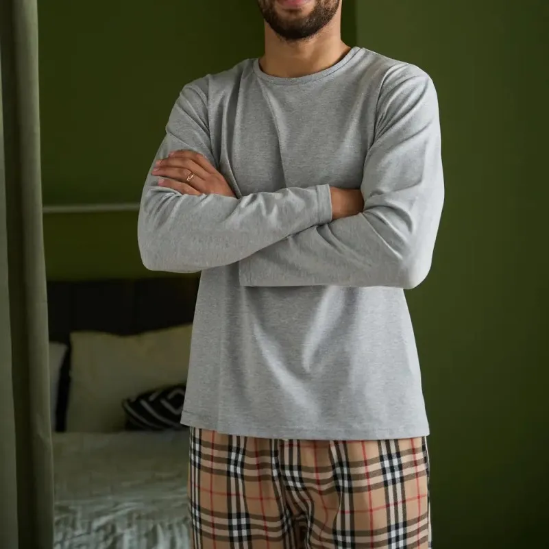  Пижама мужская Х (лонгслив + штаны бежевые клеточку) "Basic Hugo" gray/beige - 3