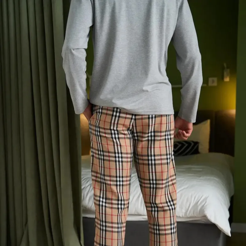  Пижама мужская Х (лонгслив + штаны бежевые клеточку) "Basic Hugo" gray/beige - 5
