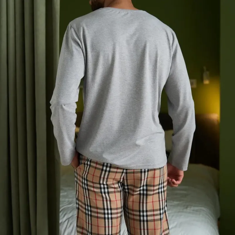 Пижама мужская Х (лонгслив + штаны бежевые клеточку) "Basic Hugo" gray/beige - 6