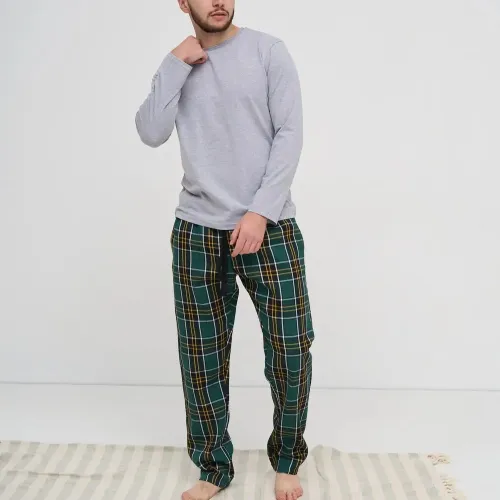 Піжама чоловіча Х (лонгслів + штани в клітинку зелені) "Basic Hugo" gray/dark green - 5