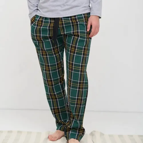 Піжама чоловіча Х (лонгслів + штани в клітинку зелені) "Basic Hugo" gray/dark green - 4
