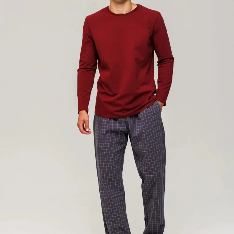 Пижама мужская Х (лонгслив бордо + штаны в клетку графит) "Basic Hugo" red