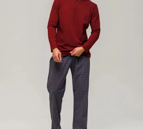 Пижама мужская Х (лонгслив бордо + штаны в клетку графит) "Basic Hugo" red - 2