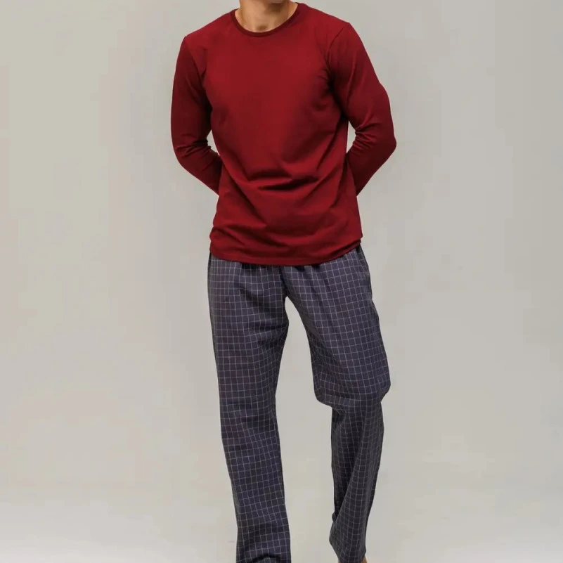 Пижама мужская Х (лонгслив бордо + штаны в клетку графит) "Basic Hugo" red - 4