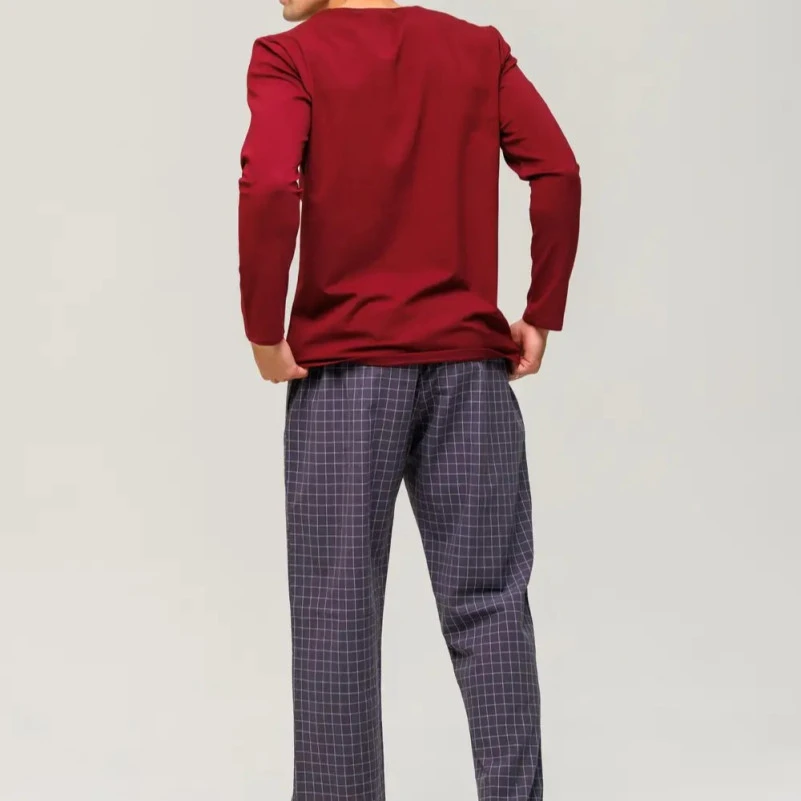 Пижама мужская Х (лонгслив бордо + штаны в клетку графит) "Basic Hugo" red - 5