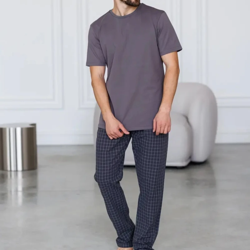  Пижама мужская Х (футболка темно-серая + штаны в клетку графит) "Basic Ville" dark gray