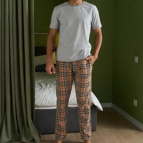 Піжама чоловіча Х (футболка сіра + штани в клітинку бежеві) "Basic Ville" gray/beige