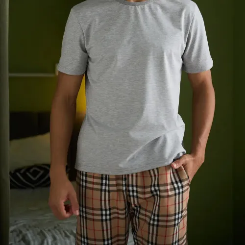 Піжама чоловіча Х (футболка сіра + штани в клітинку бежеві) "Basic Ville" gray/beige - 2