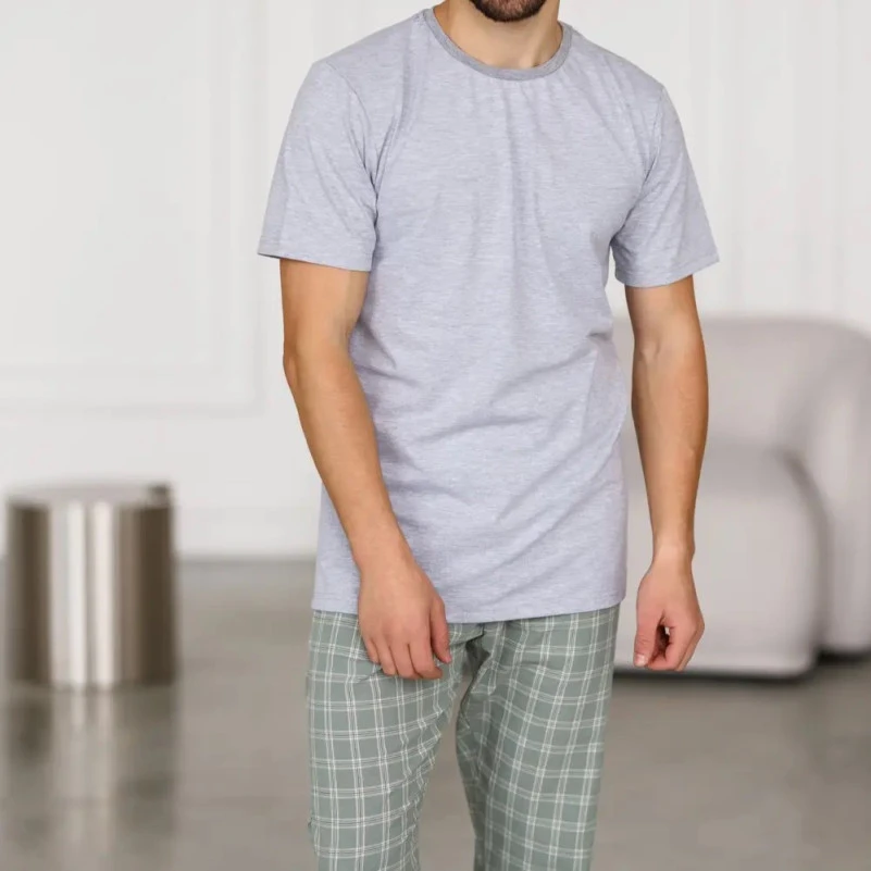  Пижама мужская Х (футболка серая + штаны в клетку зеленые) "Basic Ville" gray/green