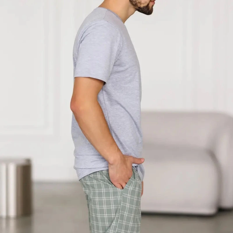  Пижама мужская Х (футболка серая + штаны в клетку зеленые) "Basic Ville" gray/green - 1