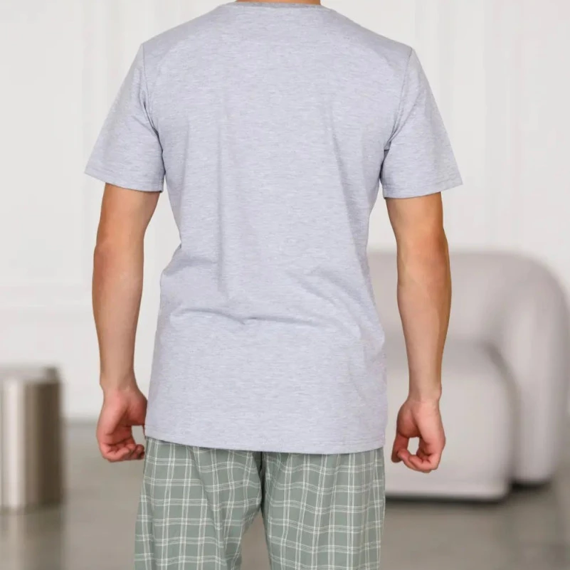  Пижама мужская Х (футболка серая + штаны в клетку зеленые) "Basic Ville" gray/green - 2