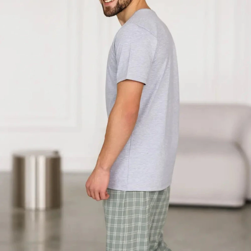  Пижама мужская Х (футболка серая + штаны в клетку зеленые) "Basic Ville" gray/green - 3