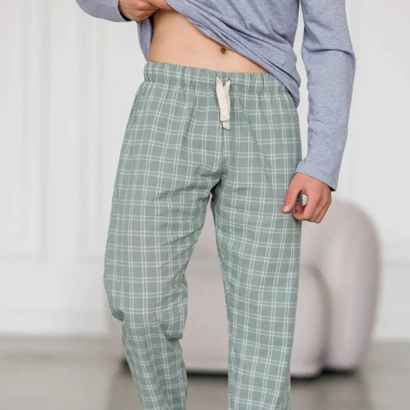  Пижама мужская Х (футболка серая + штаны в клетку зеленые) "Basic Ville" gray/green - 4