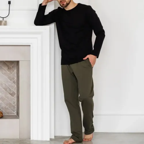 Піжама чоловіча Х (лонгслів чорний + штани прямі хакі) "Basic" black/khaki - 3