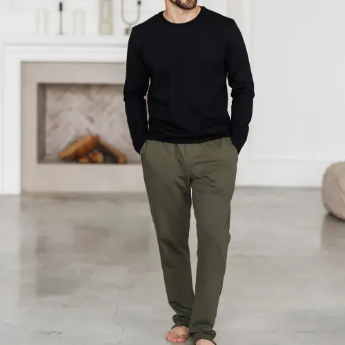 Піжама чоловіча Х (лонгслів чорний + штани прямі хакі) "Basic" black/khaki