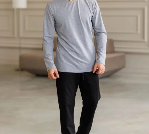  Пижама мужская Х (лонгслив серый + штаны прямые черные) "Basic" gray/black