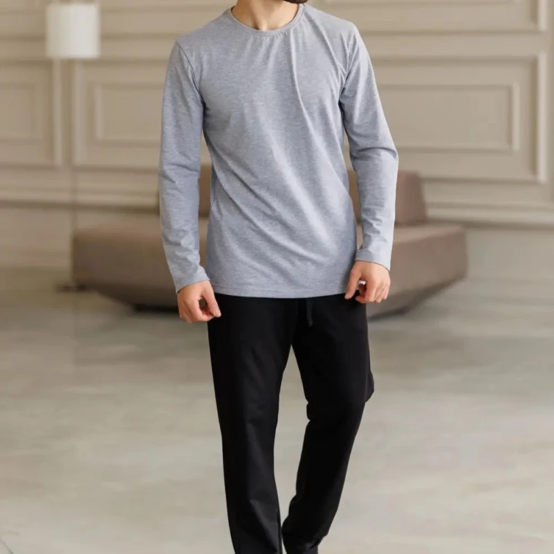  Пижама мужская Х (лонгслив серый + штаны прямые черные) "Basic" gray/black